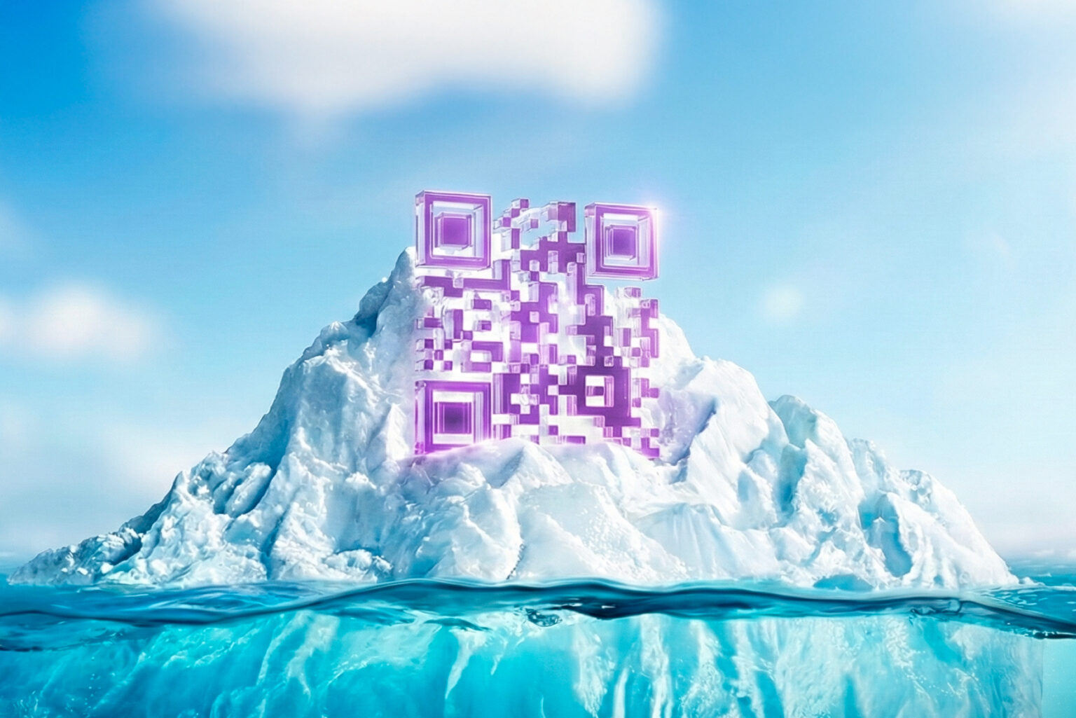 Ilustración de un iceberg donde la punta es un código QR y la base sumergida representa la infraestructura de pagos en Perú.