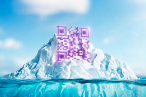 Ilustración de un iceberg donde la punta es un código QR y la base sumergida representa la infraestructura de pagos en Perú.