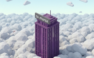 Ilustración 3D de un edificio corporativo morado sobre las nubes con un letrero que dice "tu marca", representando la infraestructura lista de Banking as a Service (BaaS) para fintechs.