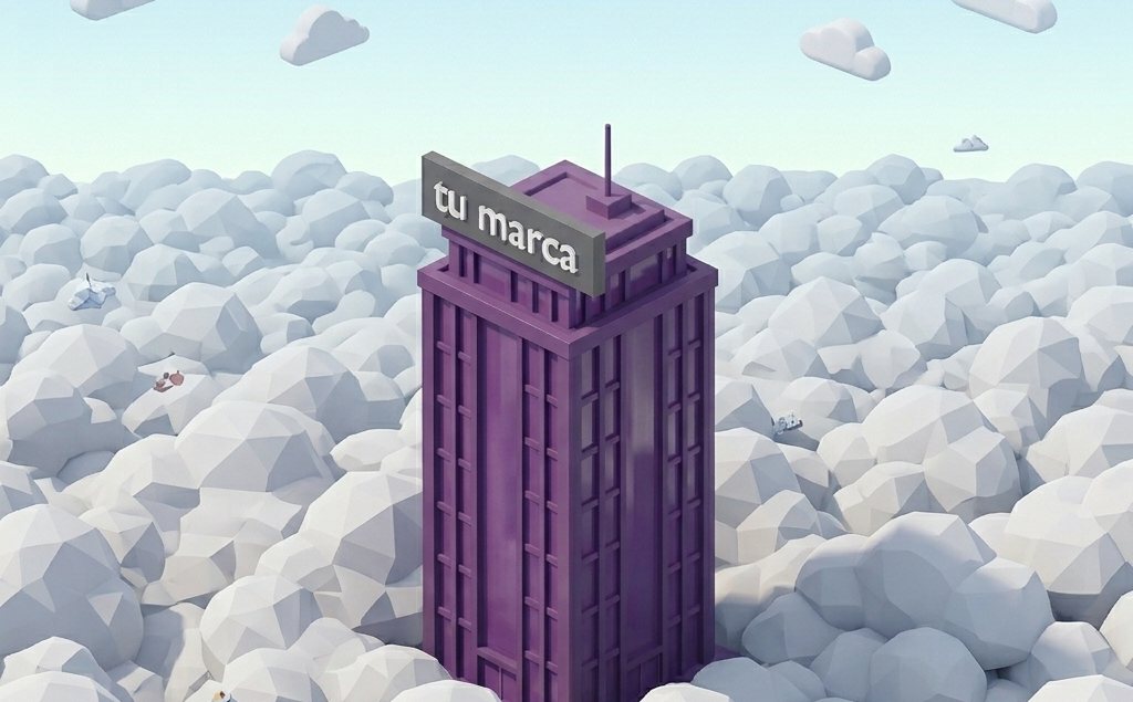 Ilustración 3D de un edificio corporativo morado sobre las nubes con un letrero que dice "tu marca", representando la infraestructura lista de Banking as a Service (BaaS) para fintechs.