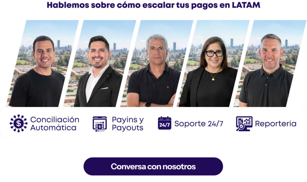 Equipo de LigoPay invitando a escalar la operación de pagos en LATAM. Destacan sus soluciones principales: conciliación automática, payins y payouts, soporte 24/7 y reportería.