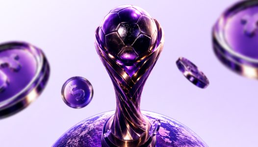 Trofeo de fútbol estilizado en tonos morados, representando el impacto global de la temporada futbolera en el consumo digital y los pagos en Perú.