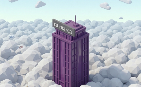 Ilustración 3D de un edificio corporativo morado sobre las nubes con un letrero que dice "tu marca", representando la infraestructura lista de Banking as a Service (BaaS) para fintechs.